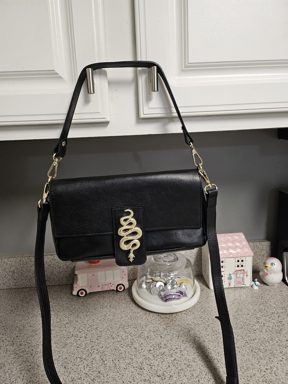 House of Harlow 1960 Black Shoulder Bag with Gold Snake Emblem (RARE)